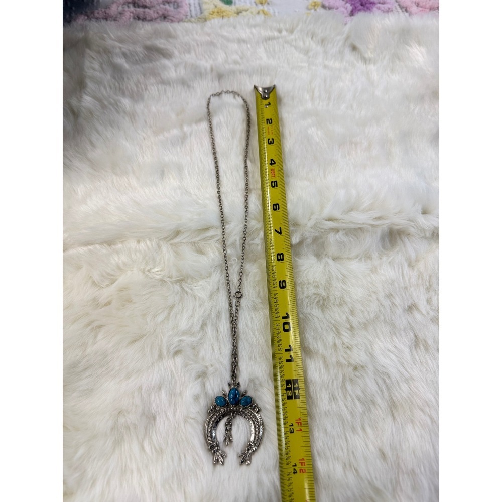 Western Horseshoe Squash Blossom Turquoise Necklace Silver Tone - Picture 5 of 7